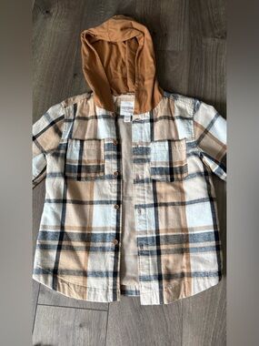 Cat & Jack Cream, Tan & Blue Plaid Hooded Button-Down Shirt (XS 4/5)